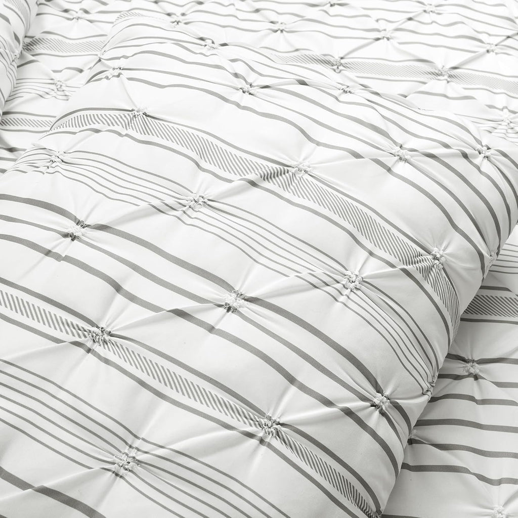Lush Decor Ravello Pintuck Striped Comforter Set - Luxe 5 Piece Reversible Bedding Set - Traditional Glam & Farmhouse Inspired Bedroom Decor - Full/ Queen, Gray Stripe