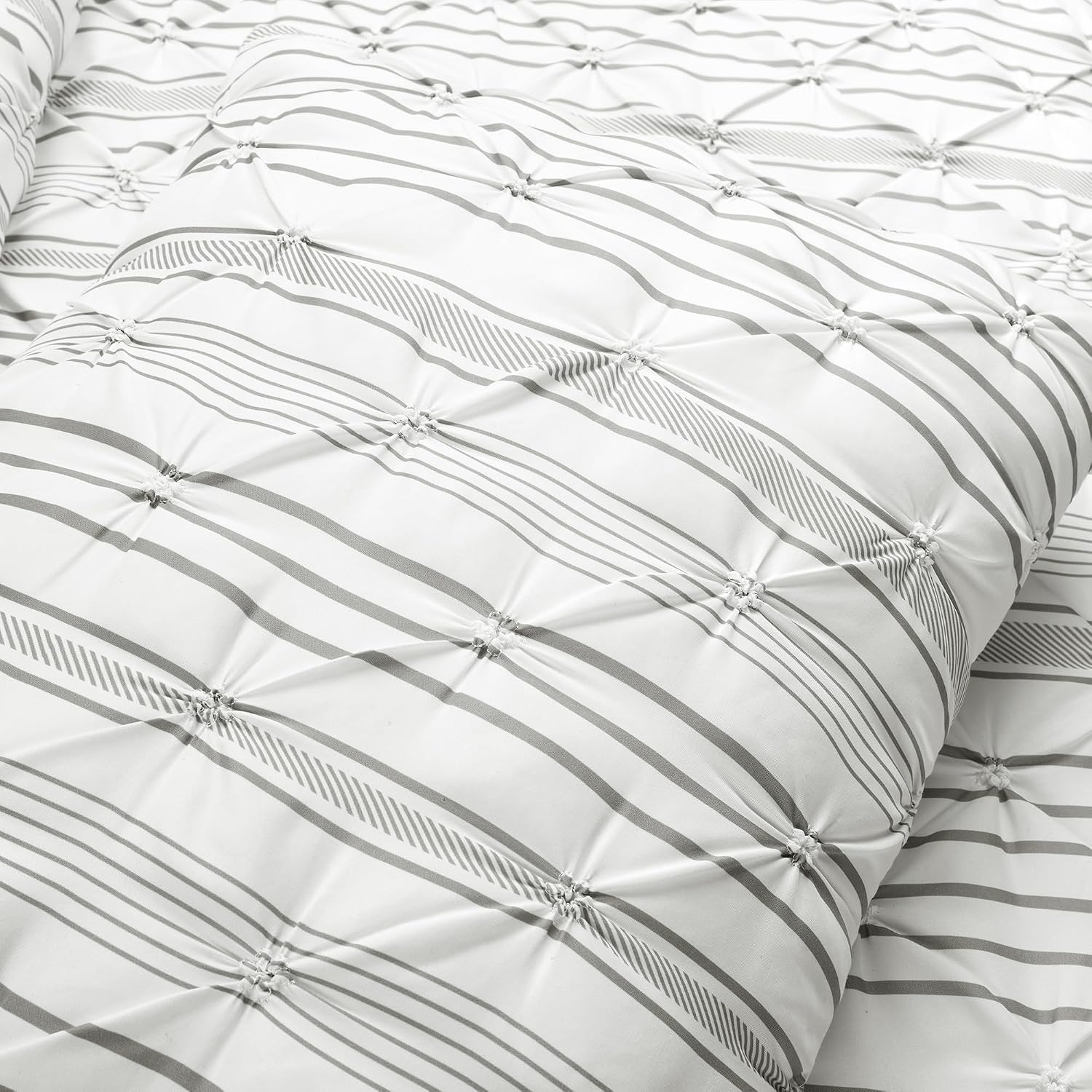 Lush Decor Ravello Pintuck Striped Comforter Set - Luxe 5 Piece Reversible Bedding Set - Traditional Glam & Farmhouse Inspired Bedroom Decor - Full/ Queen, Gray Stripe