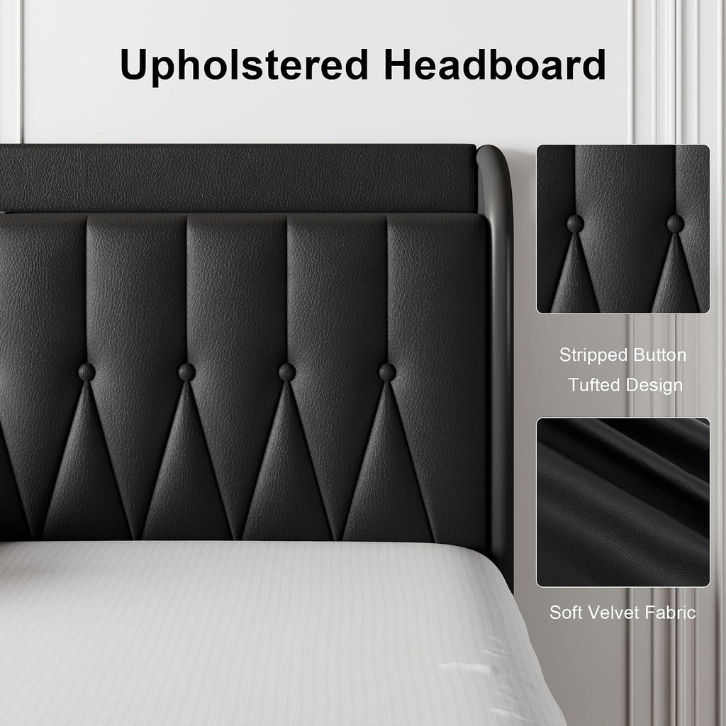 Leather Full Size Bed Frame with Fast Charging Station,Full Metal Platform Beds with Upholstered Headboard & Footboard,12' Underbed Storage Space,Easy Assembly,Noise-Free,Black