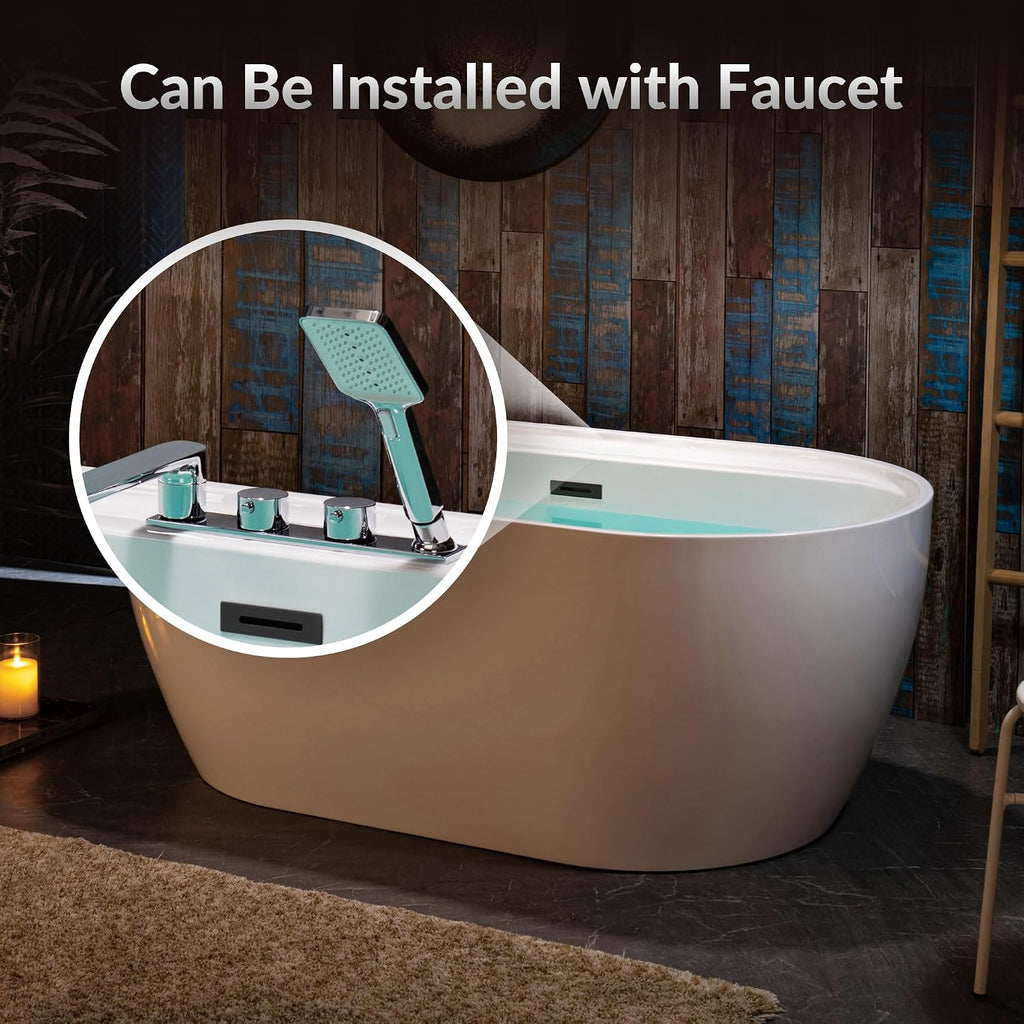 WOODBRIDGE 59' Acrylic Freestanding Bathtub Contemporary Soaking White Tub with Matte Black Overflow and Drain,White,B0064 MB