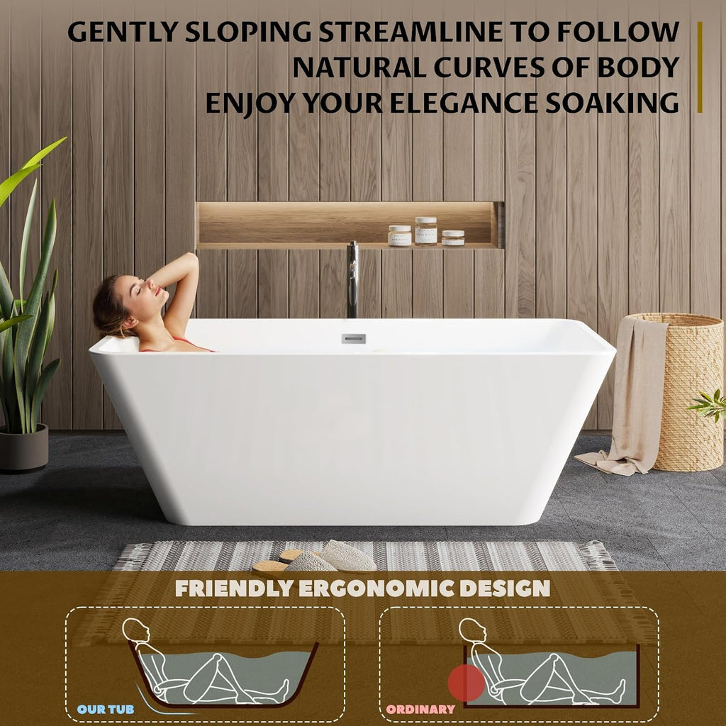 66 Inch Freestanding Bathtub Acrylic Deep Soaking Tub with Overflow & Chrome Drain, Glossy White Modern Design for Bathroom Remodel, Easy Install Home Spa
