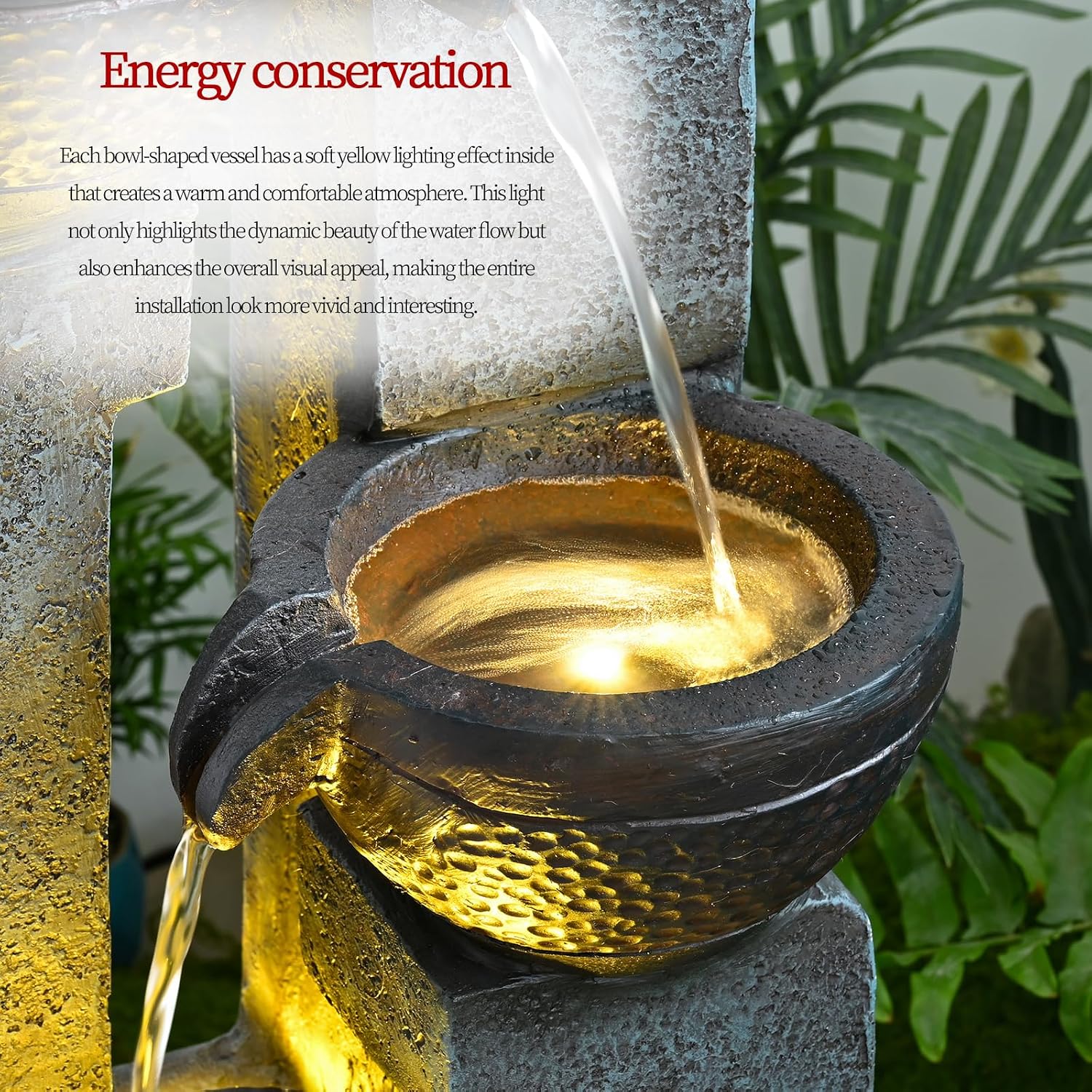 40' Inch Water Fountain Outdoor&Indoor 4-Tiers Large Outdoor Patio Decor Gray Garden Water Fountain for Outside Waterfall with LED Light&Pump Resin Modern Floor-Standing Water Feature Outdoor