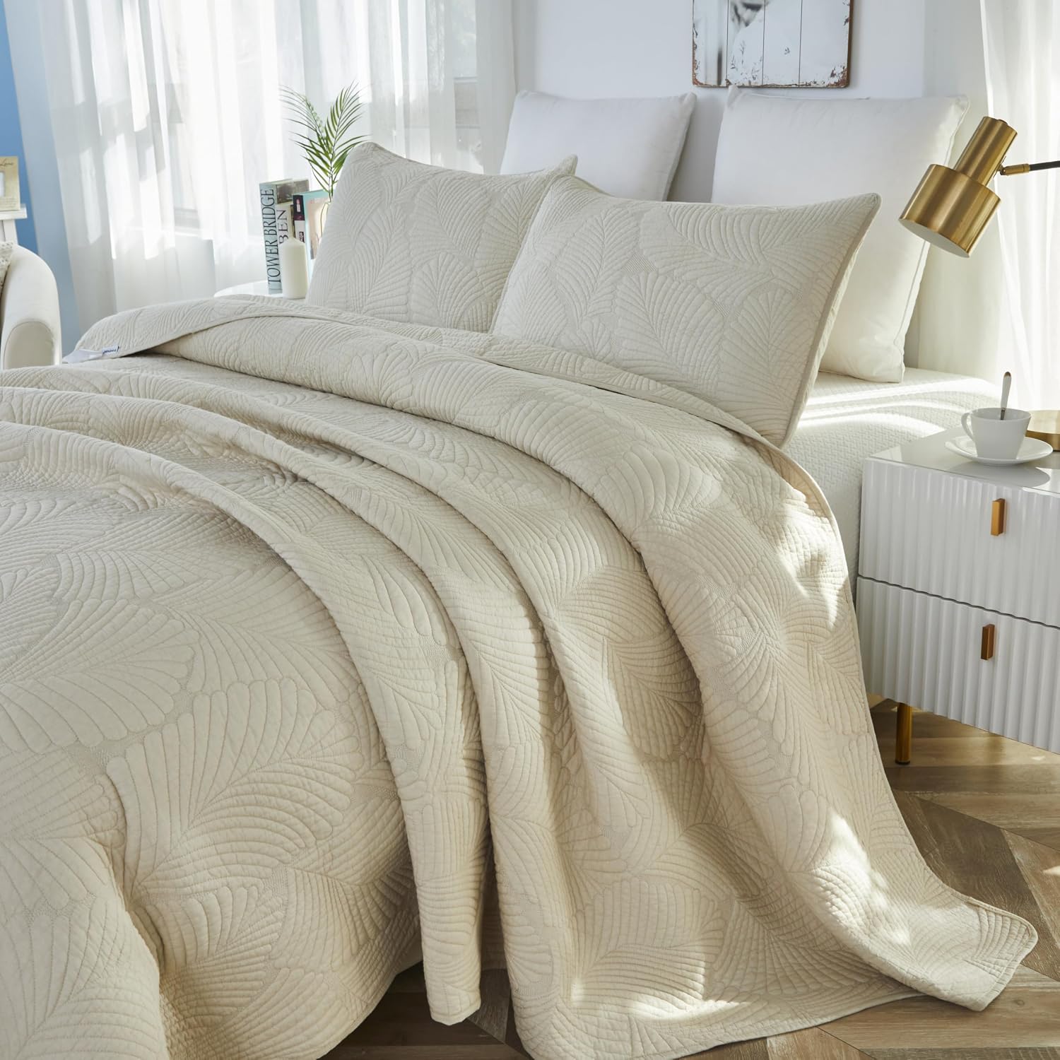 Brandream Beige Palm Stitch Quilt Set 100% Cotton King Size Luxury Embroidered Palm Leaf Bedding, Premium Hand-Stitched Tropical Quilt Set 3-Piece