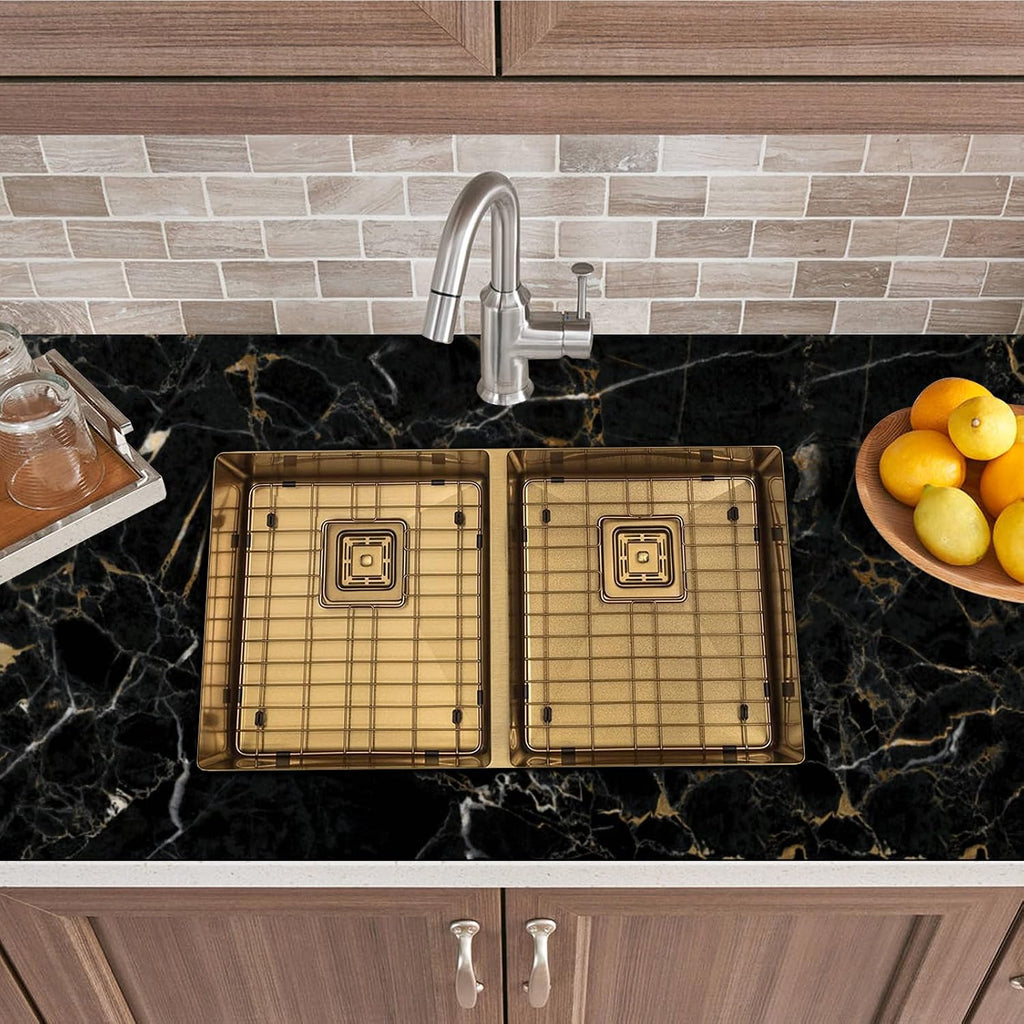 Strictly Sinks 32 Inch Undermount Double Bowl Kitchen Sink – Gold Kitchen Sink Designer Shelf Accessory 16 Gauge Stainless Steel – With Bottom Grid, 1 Disposal Adapter and 2 Strainer Drains