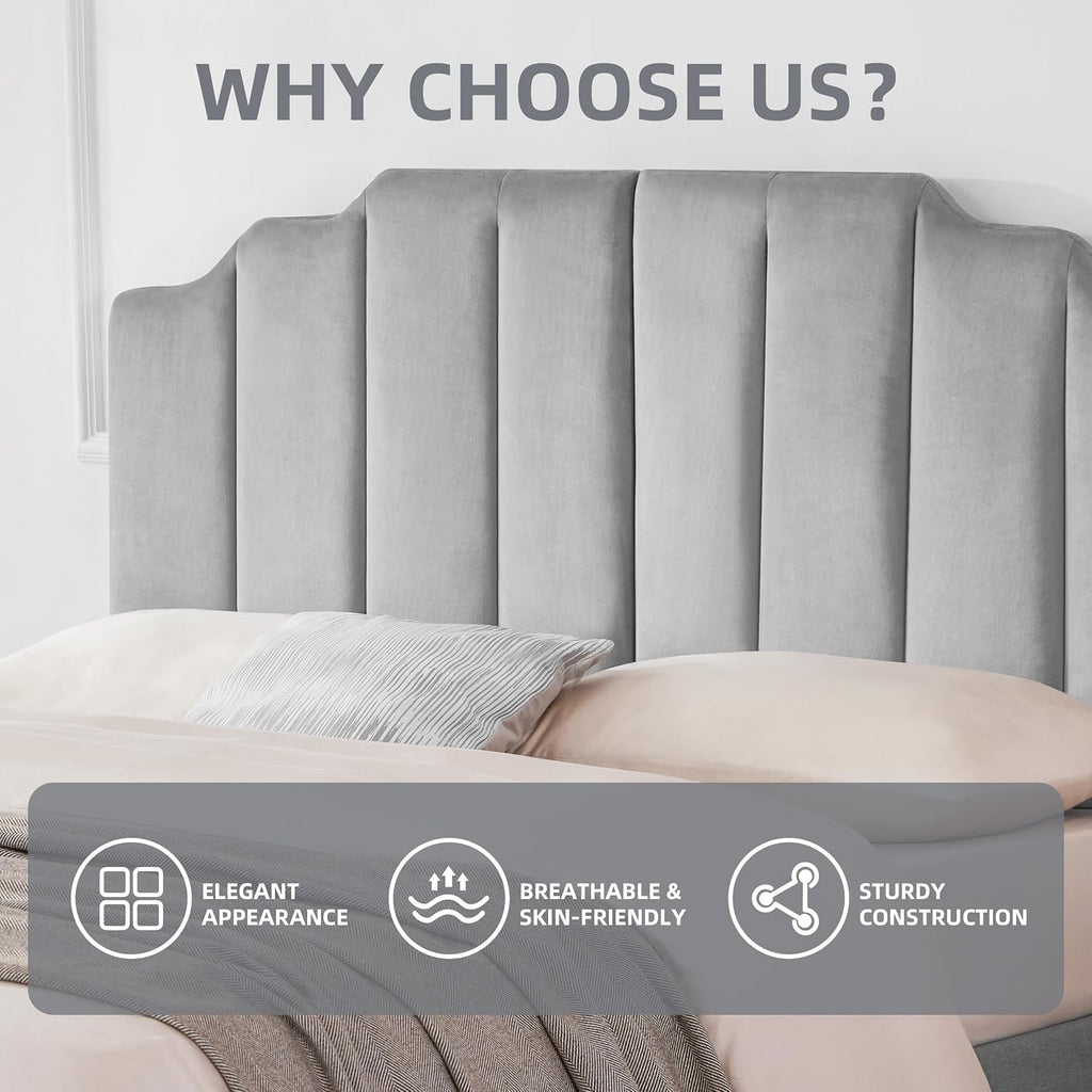 Huatean Home Velvet Upholstered Headboard Queen, Tufted Headboard, Elegantly Curved headboard only, Soft Padded headboards Queen Size, Modern Vertical Channel Design Head Board, Soft Grey