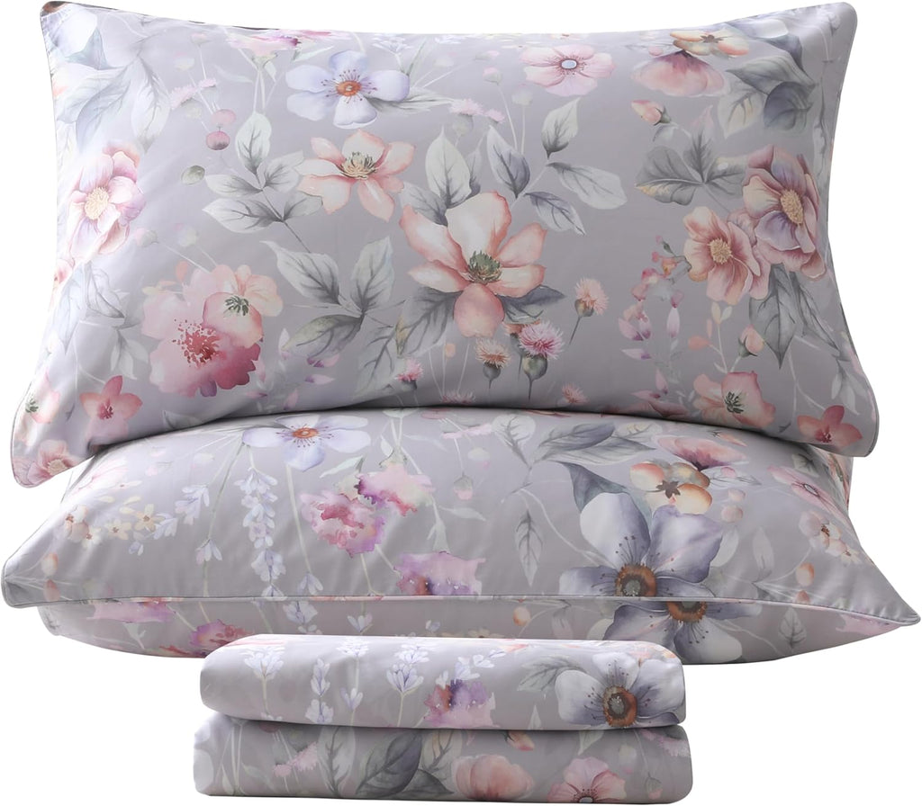 QSH Gray Floral Sheets Queen Size，Egyptian Cotton Sheets Queen Size Set Luxury Silk Feel Flowers Botanical Pattern Printed Bedding Sheet Extra Soft and Breathable 17.5' Deep Pockets Bed Sheet 4pcs