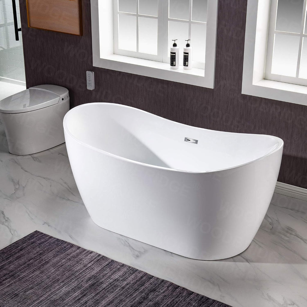 WOODBRIDGE 59'Freestanding White Acylic Soaking Bathtub with Chrome Drain and Overflow,B0011-CH