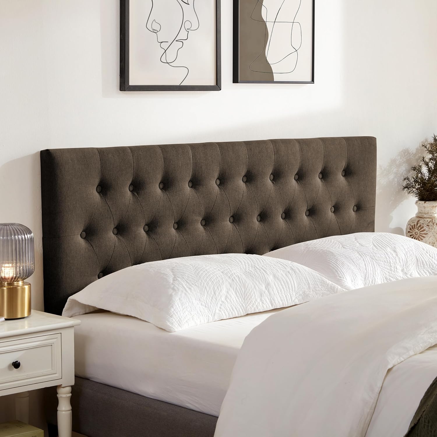 Huatean Home Tufted Upholstered Headboard Queen Size, Solid Wood Head Board with Durable Metal Legs, Adjustable Height Bed headboard from 37' to 51' Fabric Headboard in Button Design, Chocolate