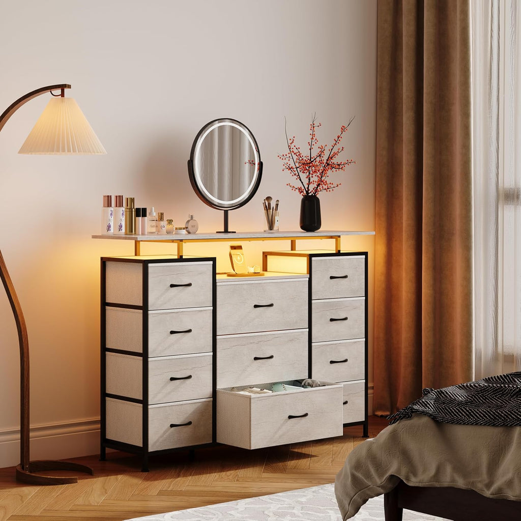 LUMTOK 11 Drawers Dresser with Fabric Drawers,Charging Station, LED Lights and Shelves for Bedroom Storage Organization (Greige)