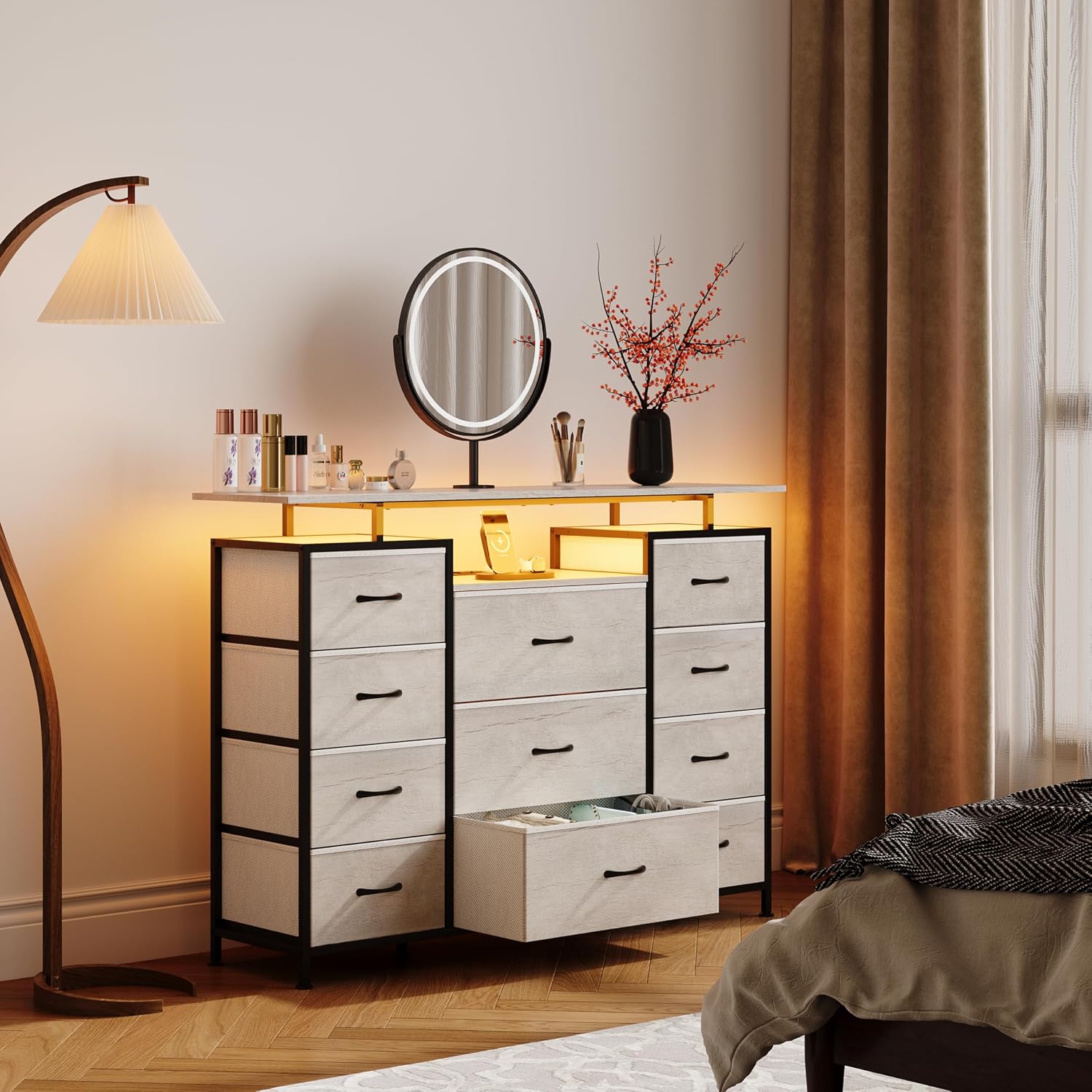LUMTOK 11 Drawers Dresser with Fabric Drawers,Charging Station, LED Lights and Shelves for Bedroom Storage Organization (Greige)