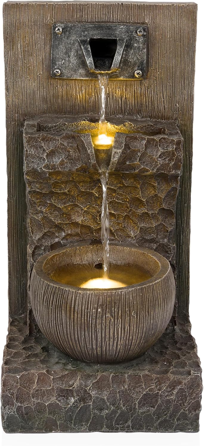 Alpine Corporation ZDQ108 Indoor/Outdoor Floor 3-Tier Fountain with LED Lights, Cascading Garden Water Fountain, 20' H, Brown