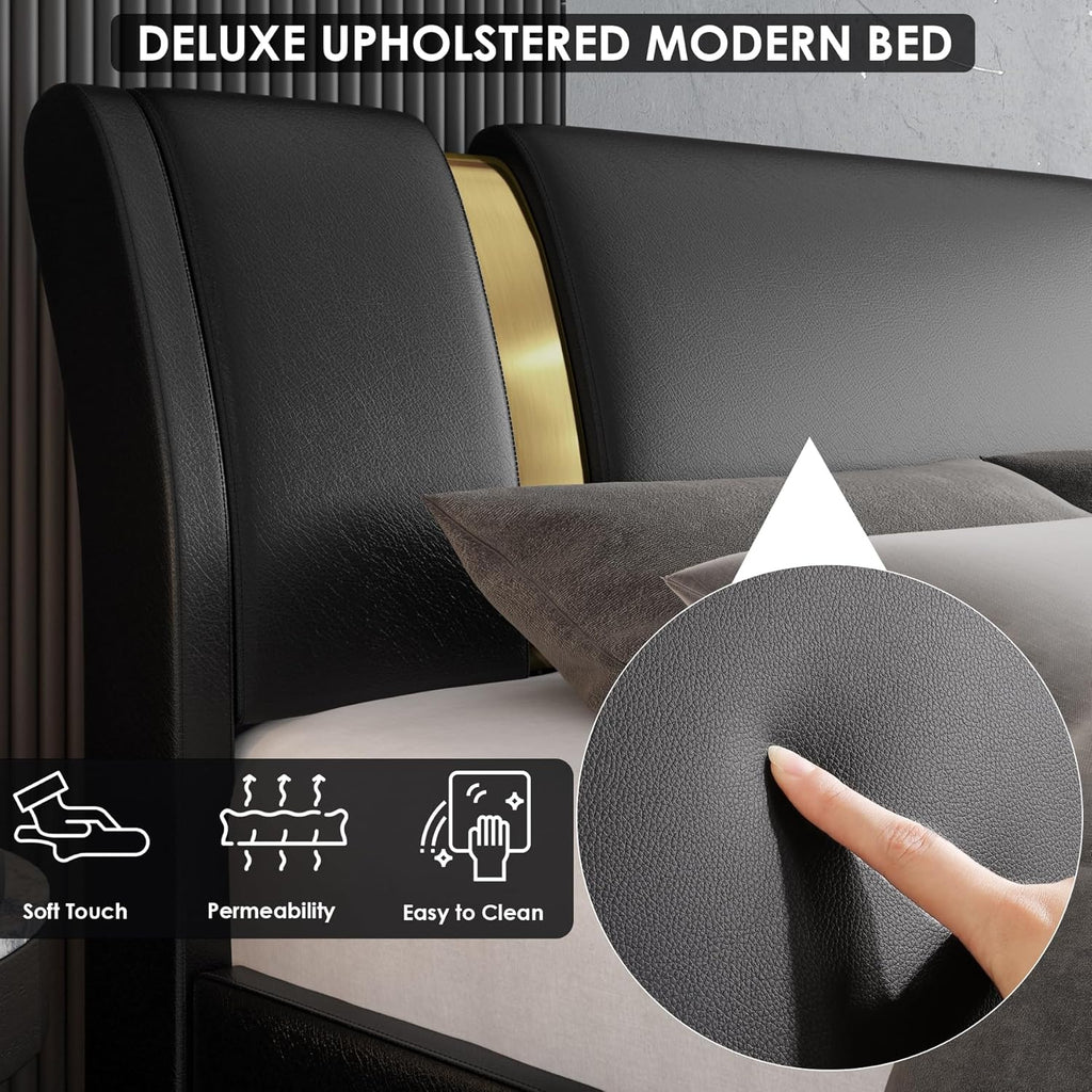 TTVIEW Modern Faux Leather Upholstered Platform Bed Frame with Golden Iron Metal Decor, Adjustable Curved Headboard, Wooden Slats Support, No Box Spring Needed, Queen Size, Black