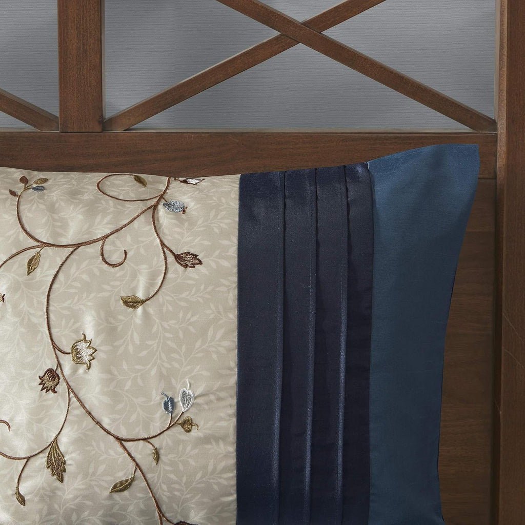 Madison Park Serene Faux Silk Comforter Set - Floral Embroidery Design, All Season Bedding Set, Matching Bed Skirt, Decorative Pillows, Navy Cal King(104'x92') 7 Piece