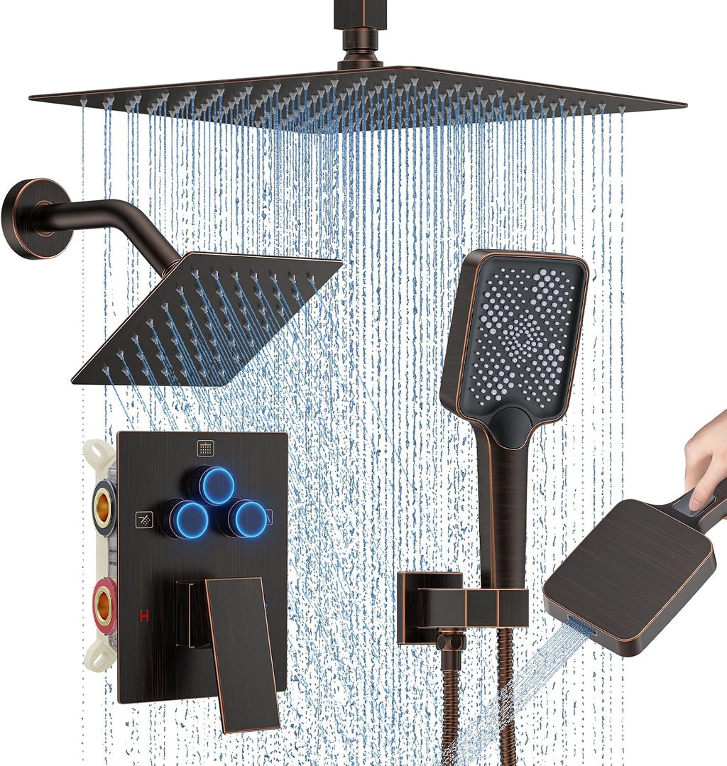 Shower Faucet Set, 12' Ceiling Mount Rainfall Shower System with 2 Rain Shower Head and Multi-function Handheld Head Push Button Diverter Shower Faucet Trim Kit (12', Oil Rubbed Bronze)