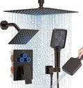 Shower Faucet Set, 12' Ceiling Mount Rainfall Shower System with 2 Rain Shower Head and Multi-function Handheld Head Push Button Diverter Shower Faucet Trim Kit (12', Oil Rubbed Bronze)