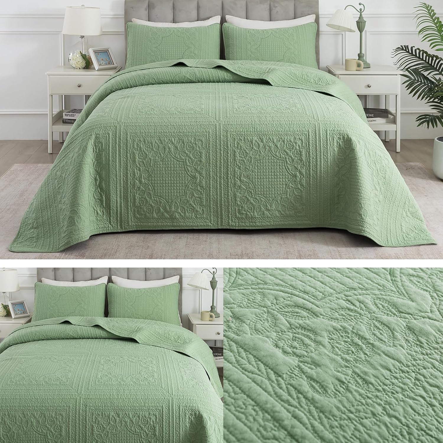 Brandream Queen Size Quilt Set Cotton Sage Green Quilts Cottage Core Bedding Matelasse Coverlet Set 3-Piece