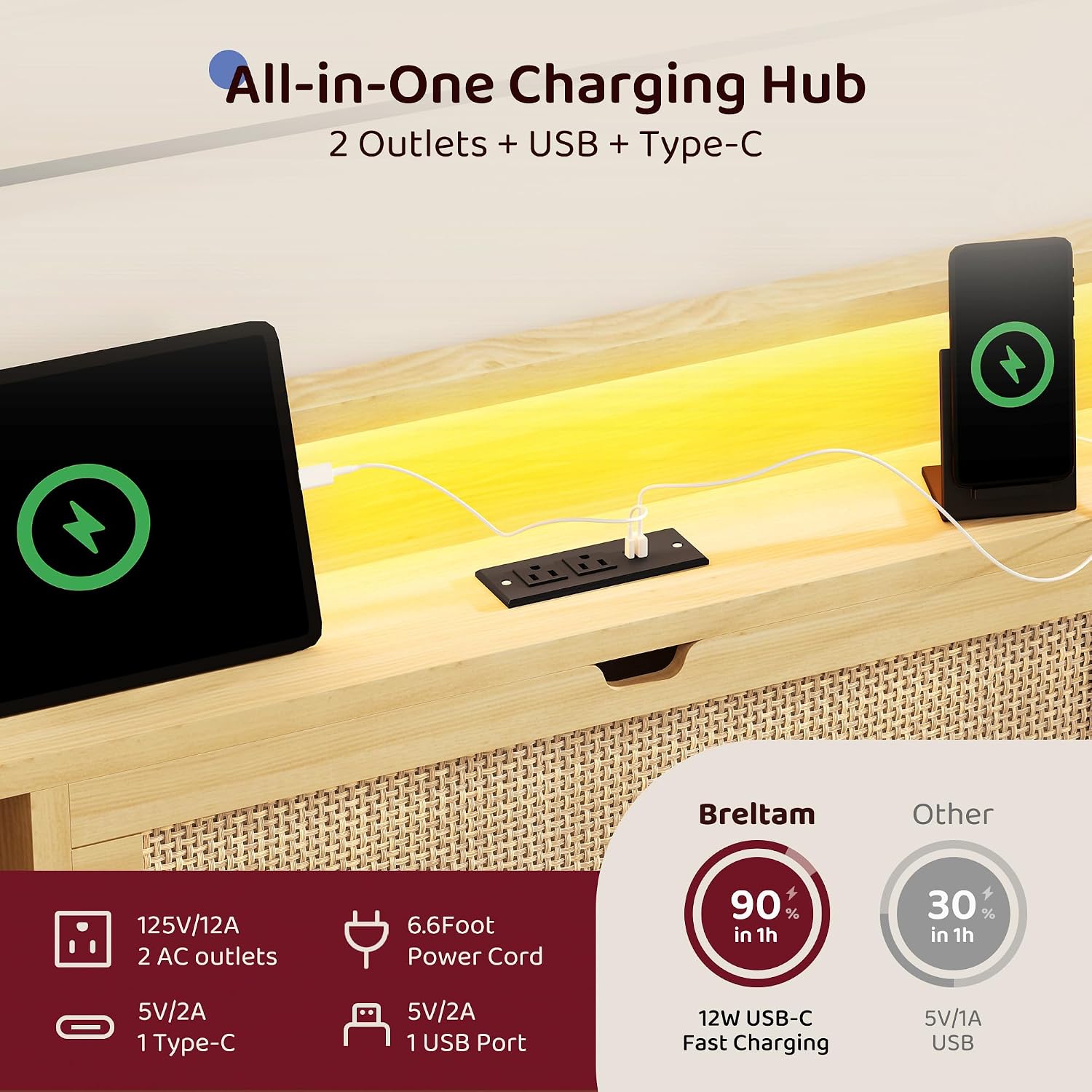 BRELTAM King Size Rattan Bed Frame with 4 Storage Drawers and 51.3' Tall Hidden Storage Headboard Wooden Platform Bed Frame with LED Lights and Charging Station, No Box Spring Needed, Natural