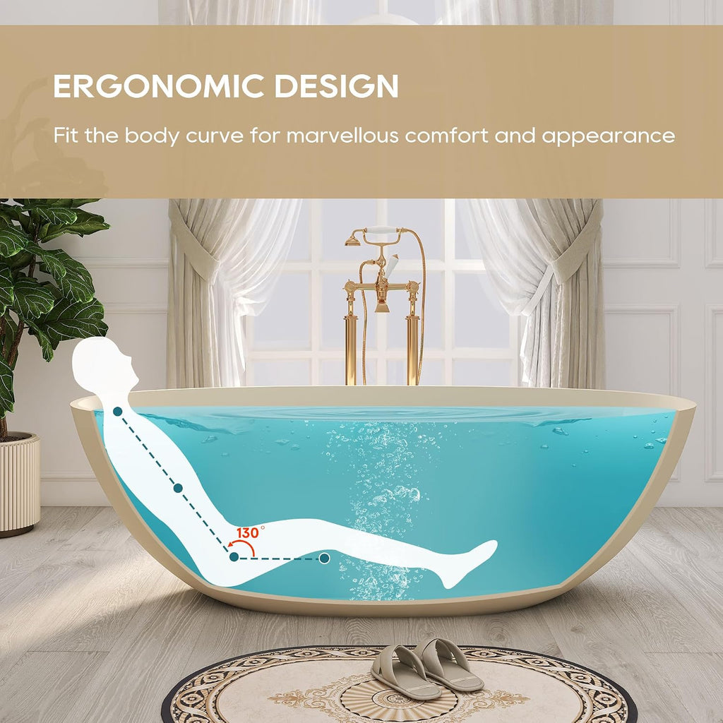 SJ STAR&JANE 65' Solid Surface Freestanding Bathtub, Oval Soaking Tub with Overflow and Pop-up Drain for Bathroom Cream