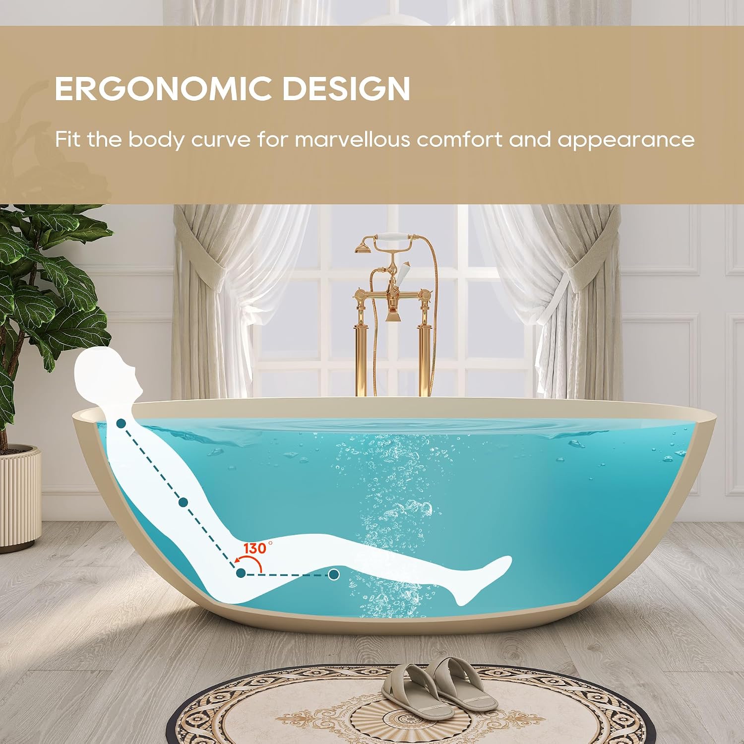 SJ STAR&JANE 65' Solid Surface Freestanding Bathtub, Oval Soaking Tub with Overflow and Pop-up Drain for Bathroom Cream