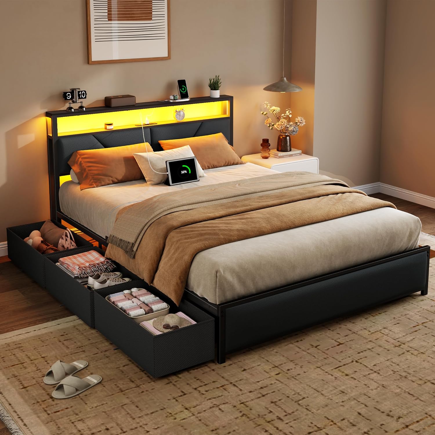 Forestell Full Size Bed Frame with Headboard 2-Tier Storage, PU Leather Upholstered Platform Bed Frame Full with 6 Storage Drawers, Charging Station and LED Lights, No Box Spring Needed, Noise Free