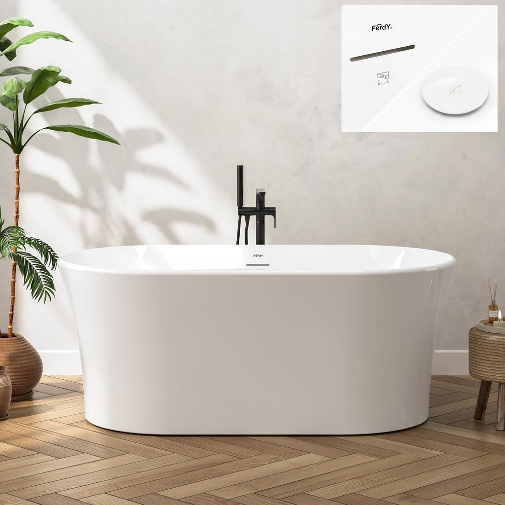 FerdY Santorini 58' Acrylic Freestanding Tub, Gracefully Shaped Contemporary Soaking Tub, Glossy White, cUPC Certified, White Toe-tap Drain and