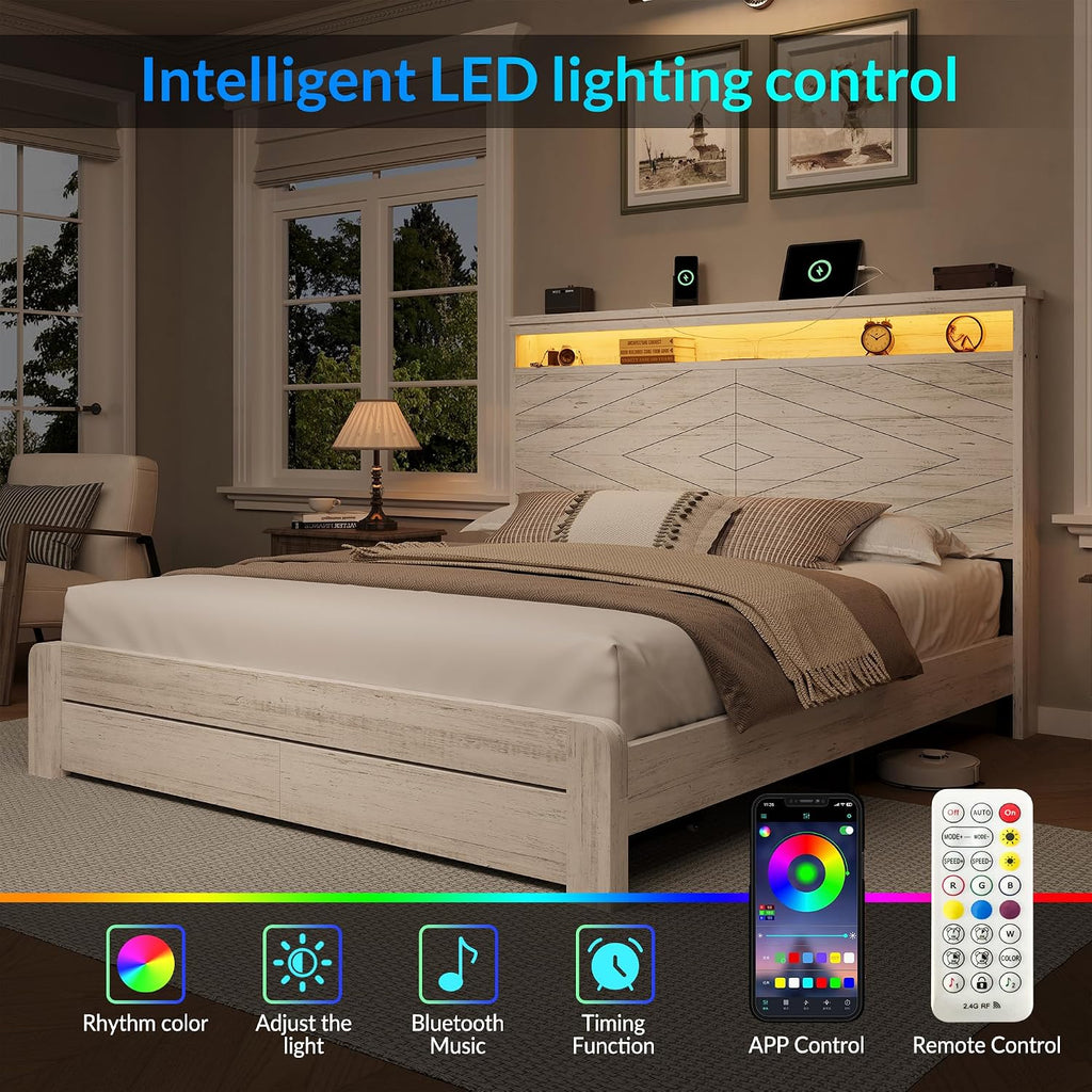 LARMACE King Size Bed Frame with 2 Storage Drawers and Headboard Wooden Platform Bed Frame with LED Lights and Charging Station Easy Assembly/No Box Spring Needed/White