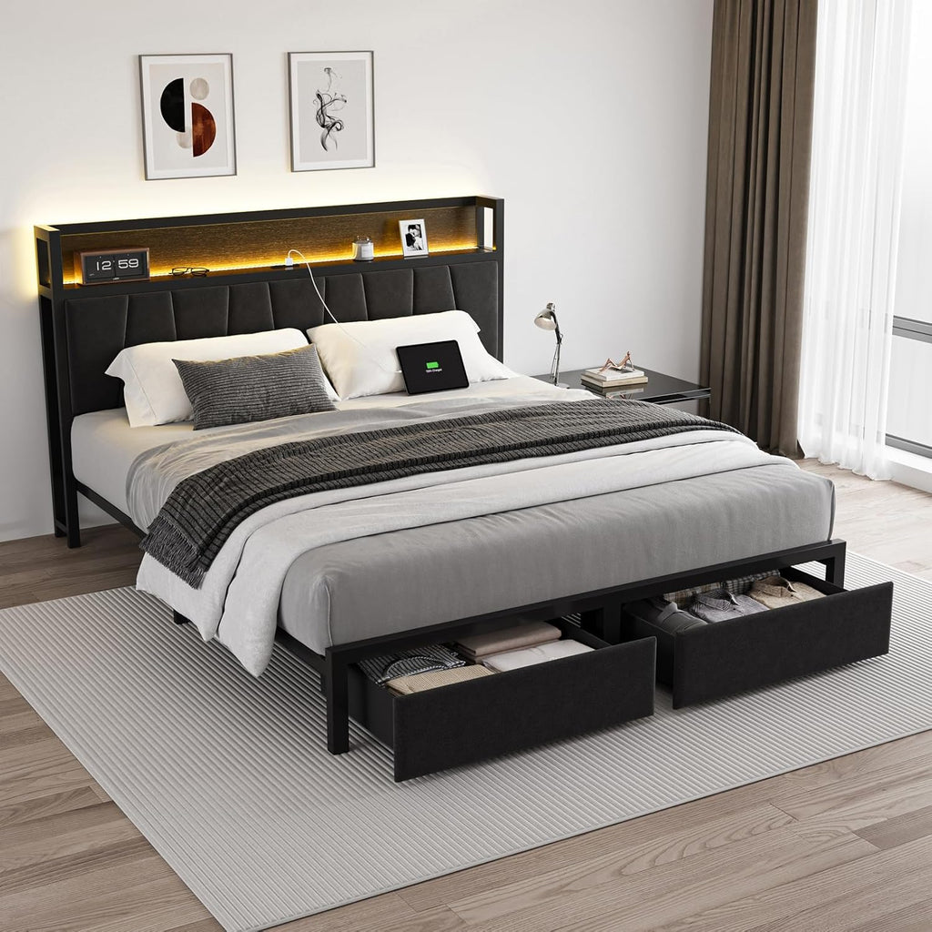 CIKUNASI Full Size Bed Frame with Headboard and Storage Drawers Platform Bed Frame with Storage Chargin Station LED Light Bedframe Heavy Duty No Box Spring Needed