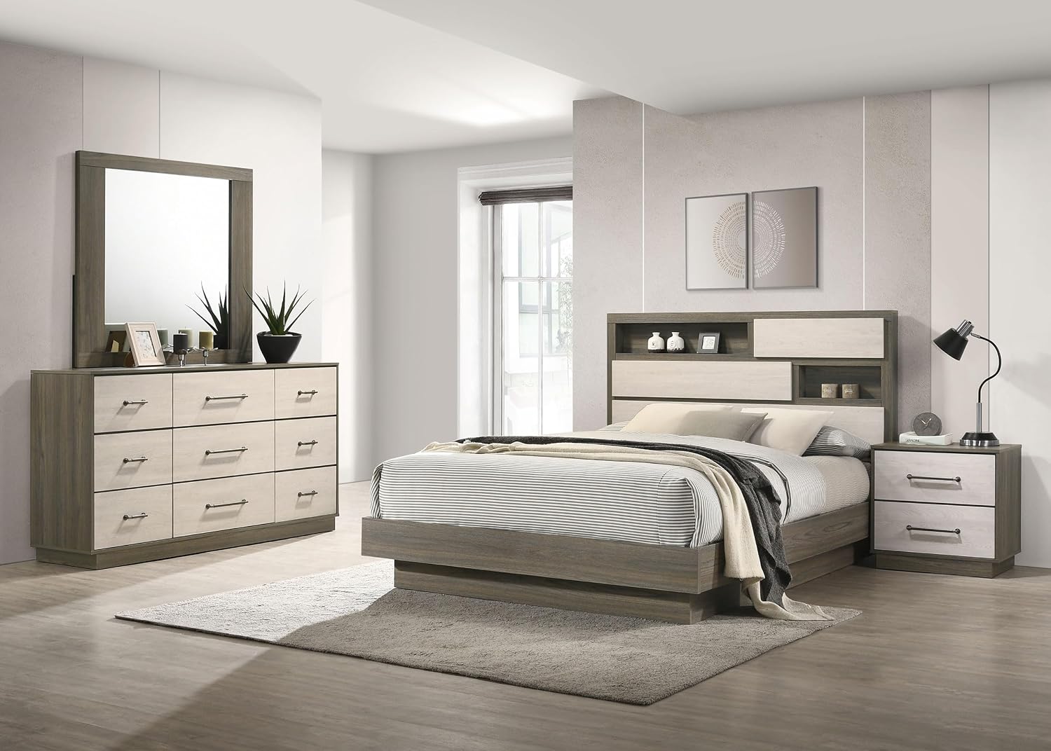 Coaster Home Furnishings Fenwick Contemporary 4-Piece Bedroom Set Queen Size Bookcase Bed Frame 48-inch Headboard Grey Oak/Almond 224981Q-S4