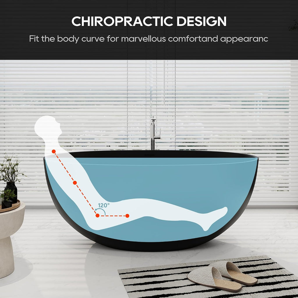 SJ STAR&JANE 55' Solid Surface Freestanding Bathtub, Stone Resin Oval Soaking Tub Matte Black Stand Alone Tub with Overflow and Pop-up Drain for Bathroom