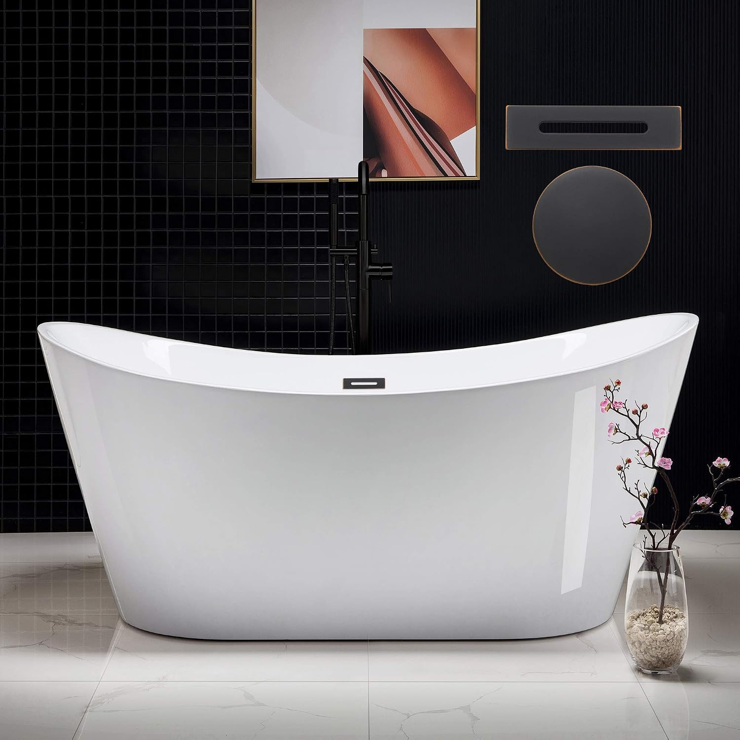 WOODBRIDGE 67' Acrylic Freestanding Bathtub Contemporary Soaking White Tub with Oil Rubbed Bronze Overflow and Drain，B0010 -ORB-Drain &O
