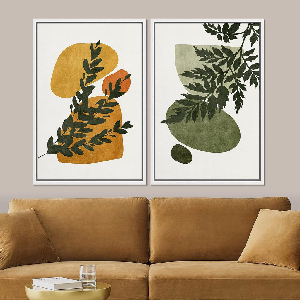 SIGNFORD Framed Canvas Print Wall Art Set Mid-Century Forest Fern Leaf Collage Abstract Shapes Illustration Modern Art Decorative Nordic Nature for Living Room, Bedroom, Office - 24'x36'x2 White