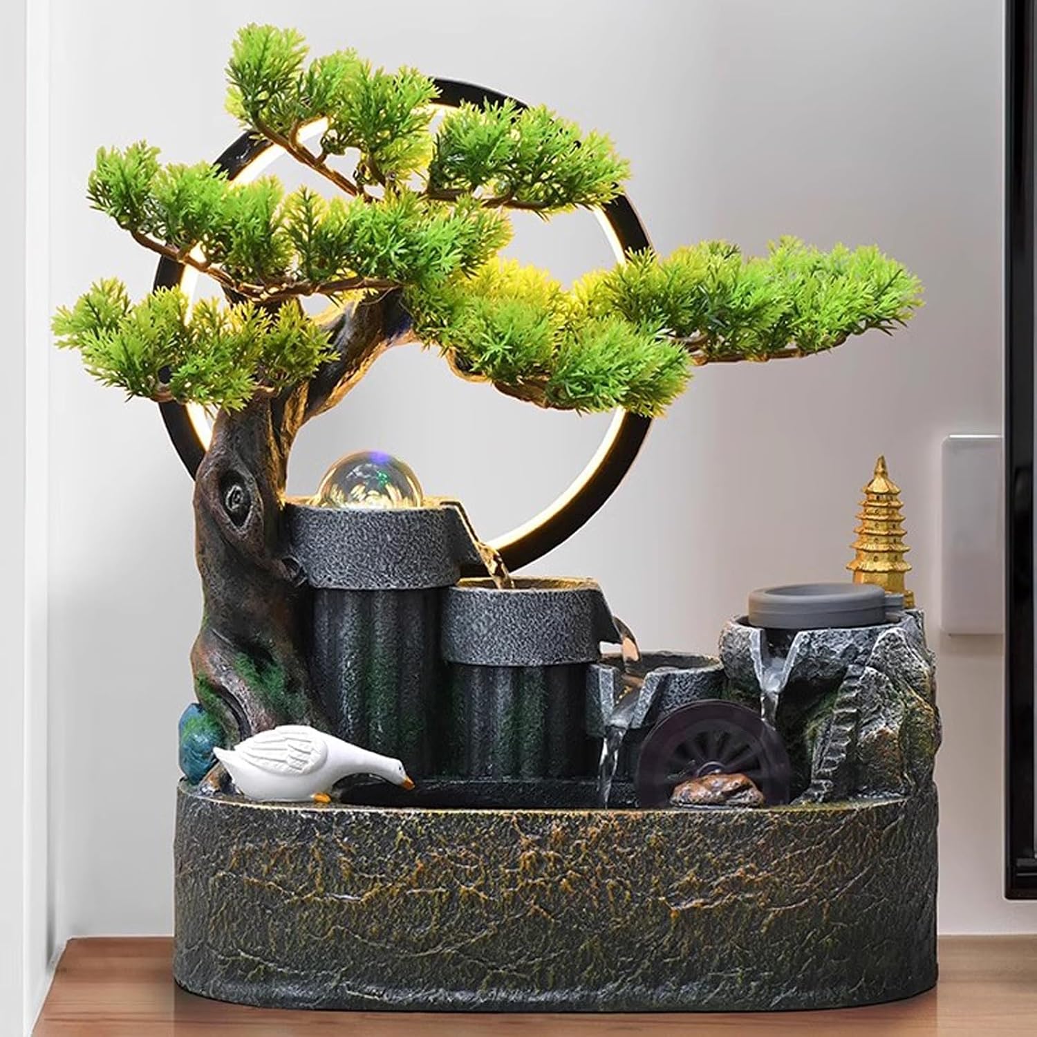 Tabletop Fountain Rockery, Flowing Water Bonsai Circular Fountain Decoration Indoor Porch Living Room Tabletop Decoration Green Plant Tabletop Landscape Tabletop Water Fountain (Size : Small)