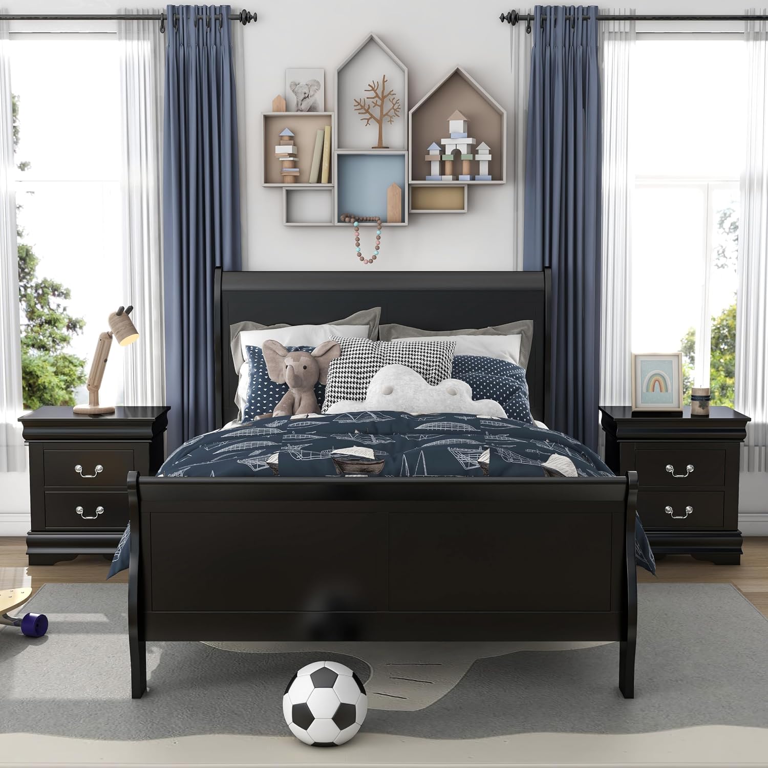 Furniture of America Louis Phillipe Traditional Wood Twin Bed Frame with Headboard and Footboard, Elegant Sleigh Design Bedframe for Bedroom, Guest Room, Easy Assembly, Box Spring Required, Black
