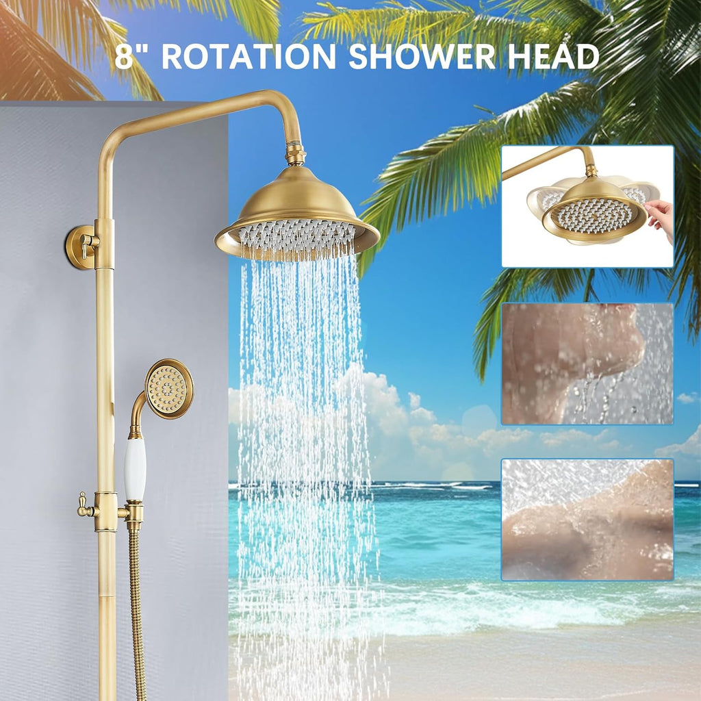 Antique Brass Shower System Bathroom Shower Faucet Set with 8 Inch Shower Head Handheld Spray and 360 ° Rotation Tub Spout 2 Cross Handles Outdoor Shower Fixtures