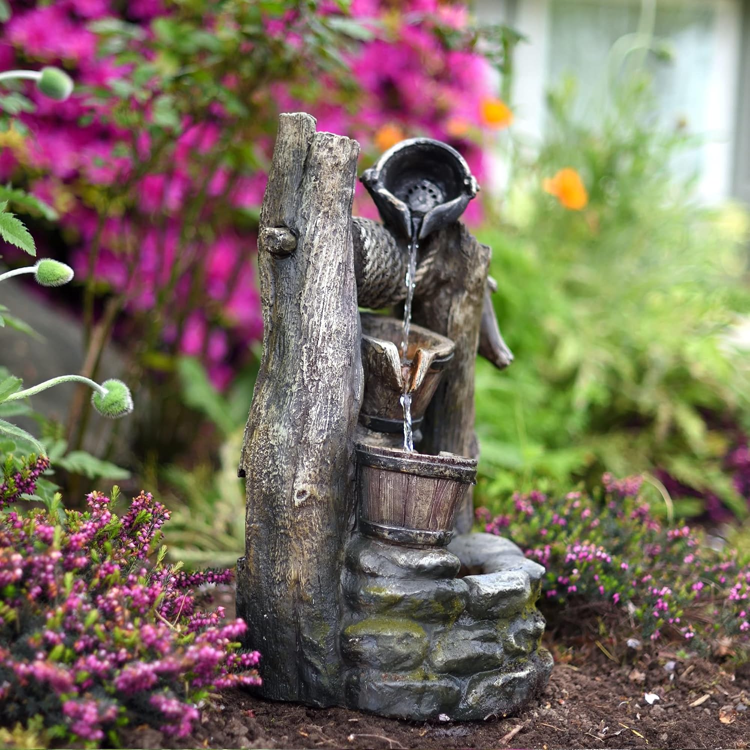 Litedeer Mystic Vintage Buckets Water Fountain with Auto-Pump and Built-in LED Lights 3 Tier Cascading Fountain Indoor Water Fountain Floor Fountain (Model: DGF-161140) 20' Tall Gray
