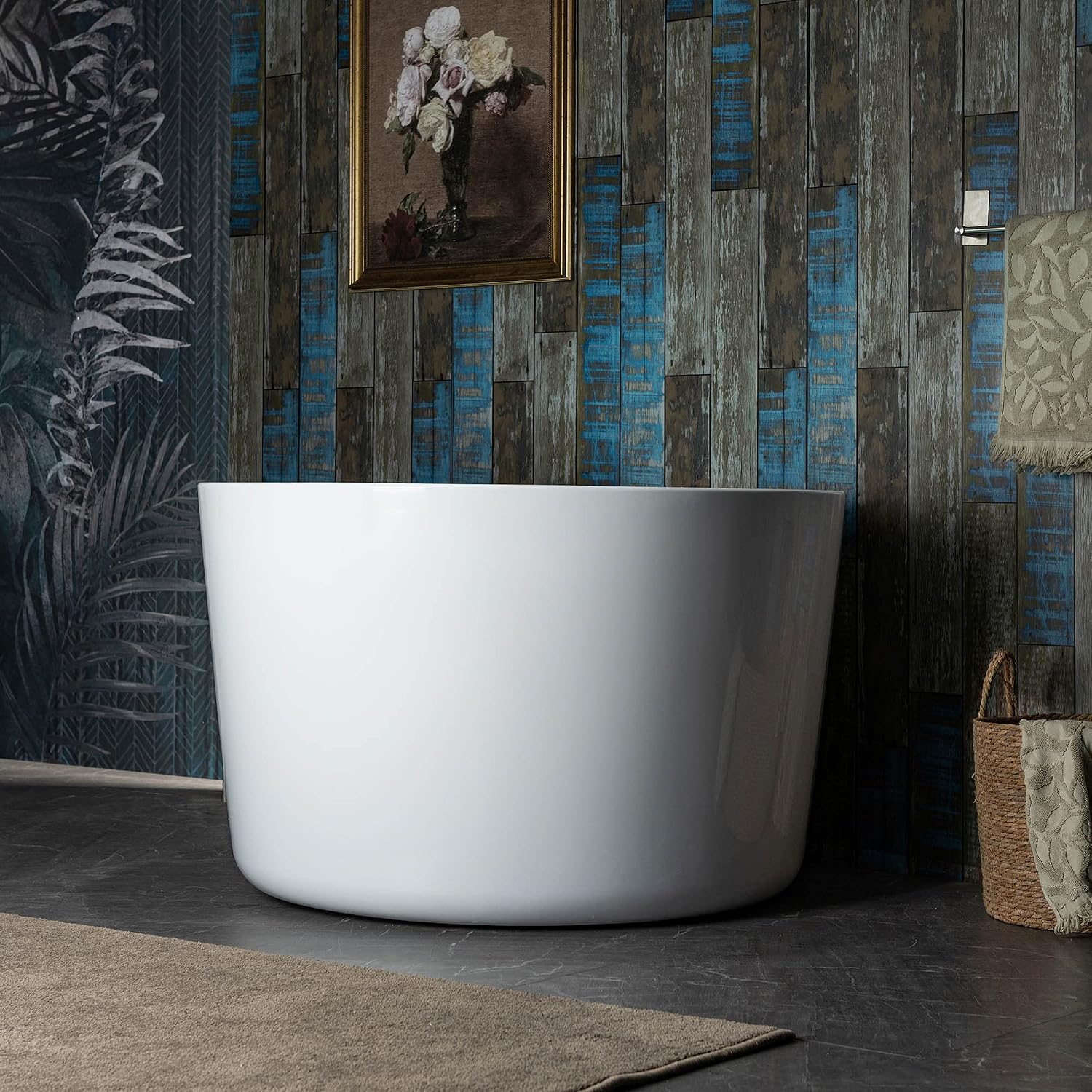 WOODBRIDGE 41' Acrylic Freestanding Round Contemporary Soaking Tub with Pre-molded Seat and Chrome Overflow and Drain Option, White