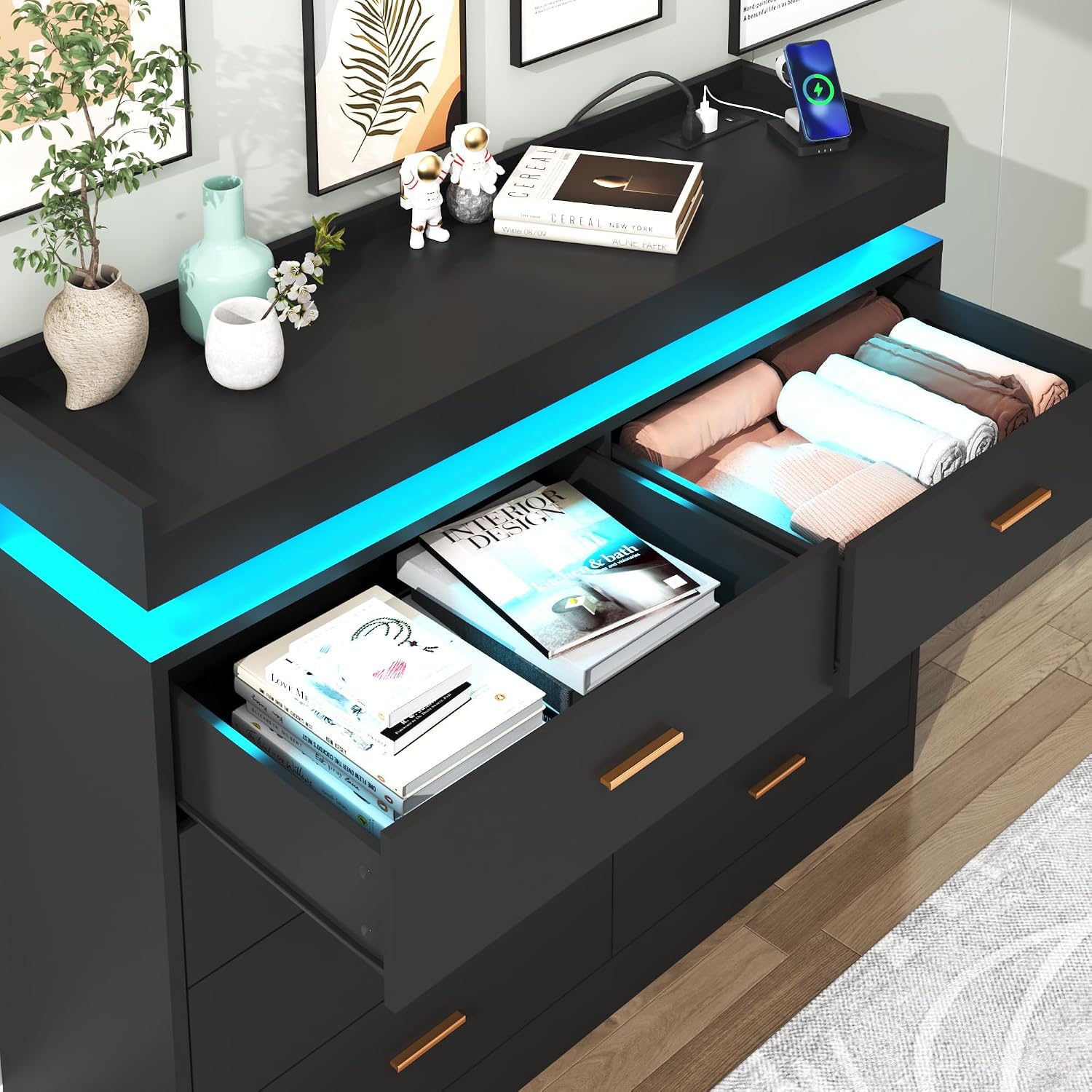 Hlivelood 8 Drawer Dresser with LED Light and Charging Station, Modern Chest of Drawers for Closet, Wide Drawer Organizer Cabinet for Bedroom, Living Room, Entryway, Hallway(Black)