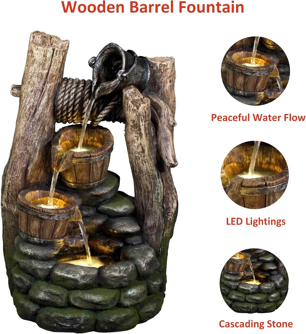Litedeer Mystic Vintage Buckets Water Fountain with Auto-Pump and Built-in LED Lights 3 Tier Cascading Fountain Indoor Water Fountain Floor Fountain (Model: DGF-161140) 20' Tall Gray
