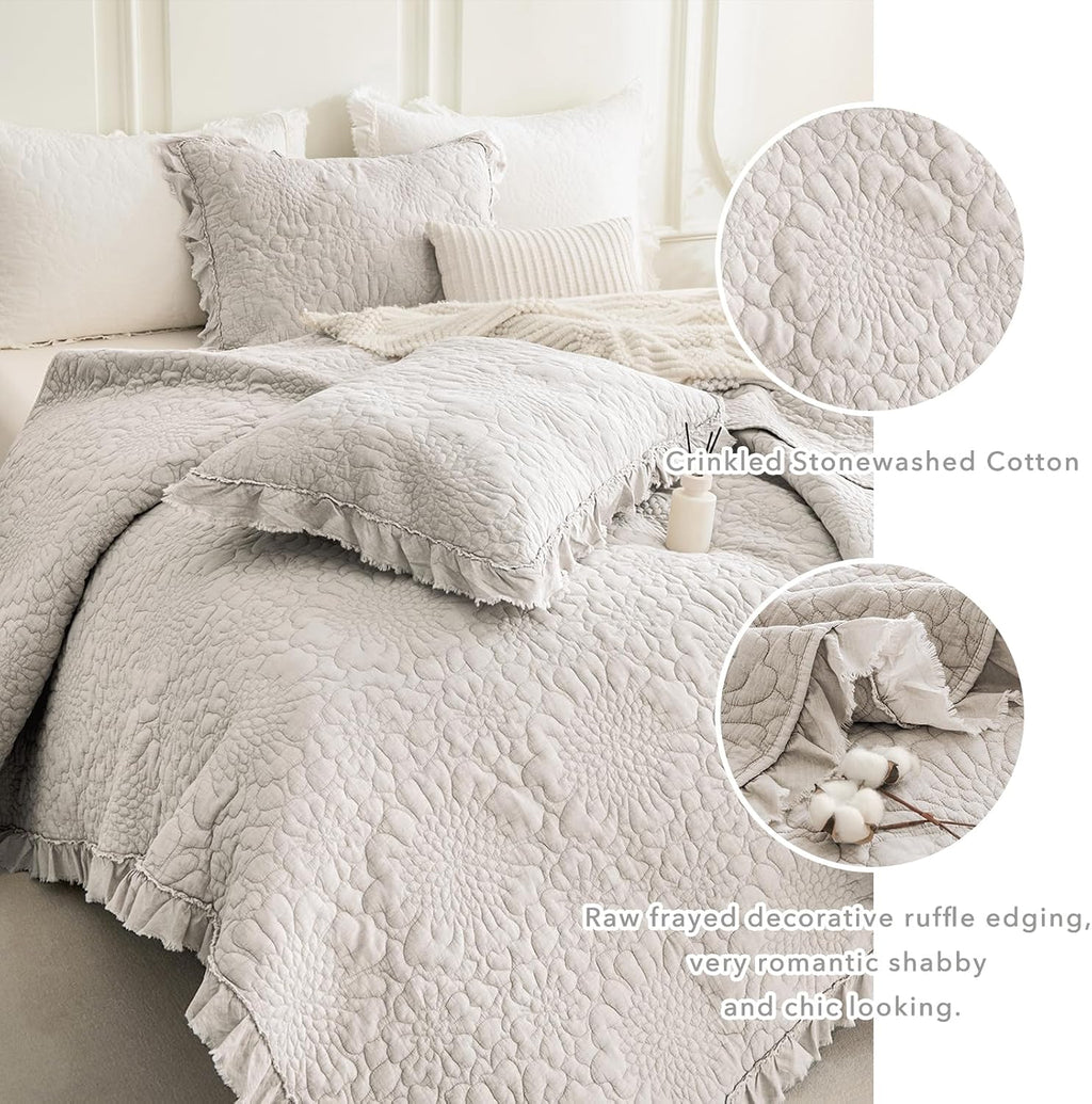 QSH Light Wheat Oversized King Quilt Bedspread Set(120'x120'),3PCs Stonewashed Cotton Ruffled Quilt California King,Ultra Soft Lightweight Crinkled Shabby Farmhouse Chic Bedspread Coverlet Bedding Set