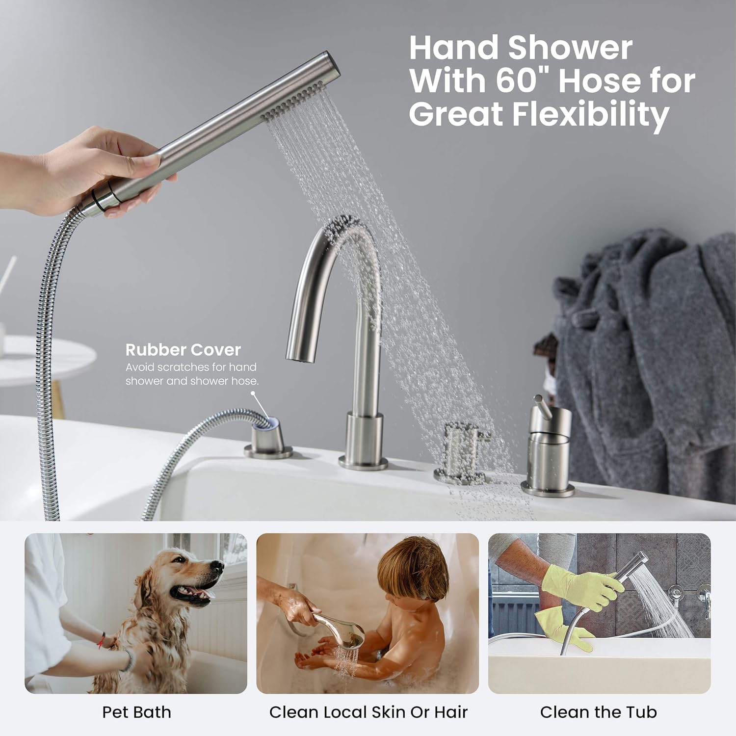 KIBI Circular Single Handle Roman Tub Faucet with Hand Shower | Deck Mounted Bathtub Faucet Set with Diverter | Durable Solid Brass Construction, Smooth Water Flow Control | Brushed Nickel, KTF3101