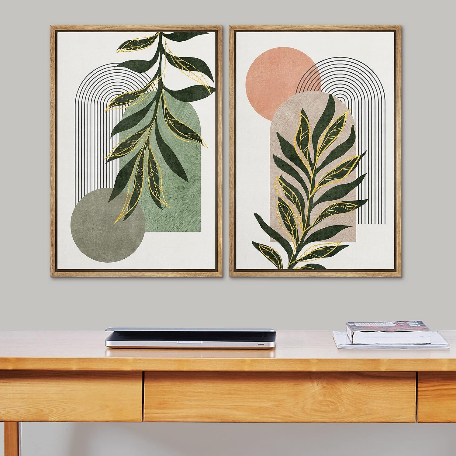 SIGNFORD Framed Canvas Print Wall Art Set Jungle Palm Leaf Geometric Polygons Abstract Shapes Illustration Modern Art Decorative Nordic Nature for Living Room, Bedroom, Office - 24'x36'x2 Natural