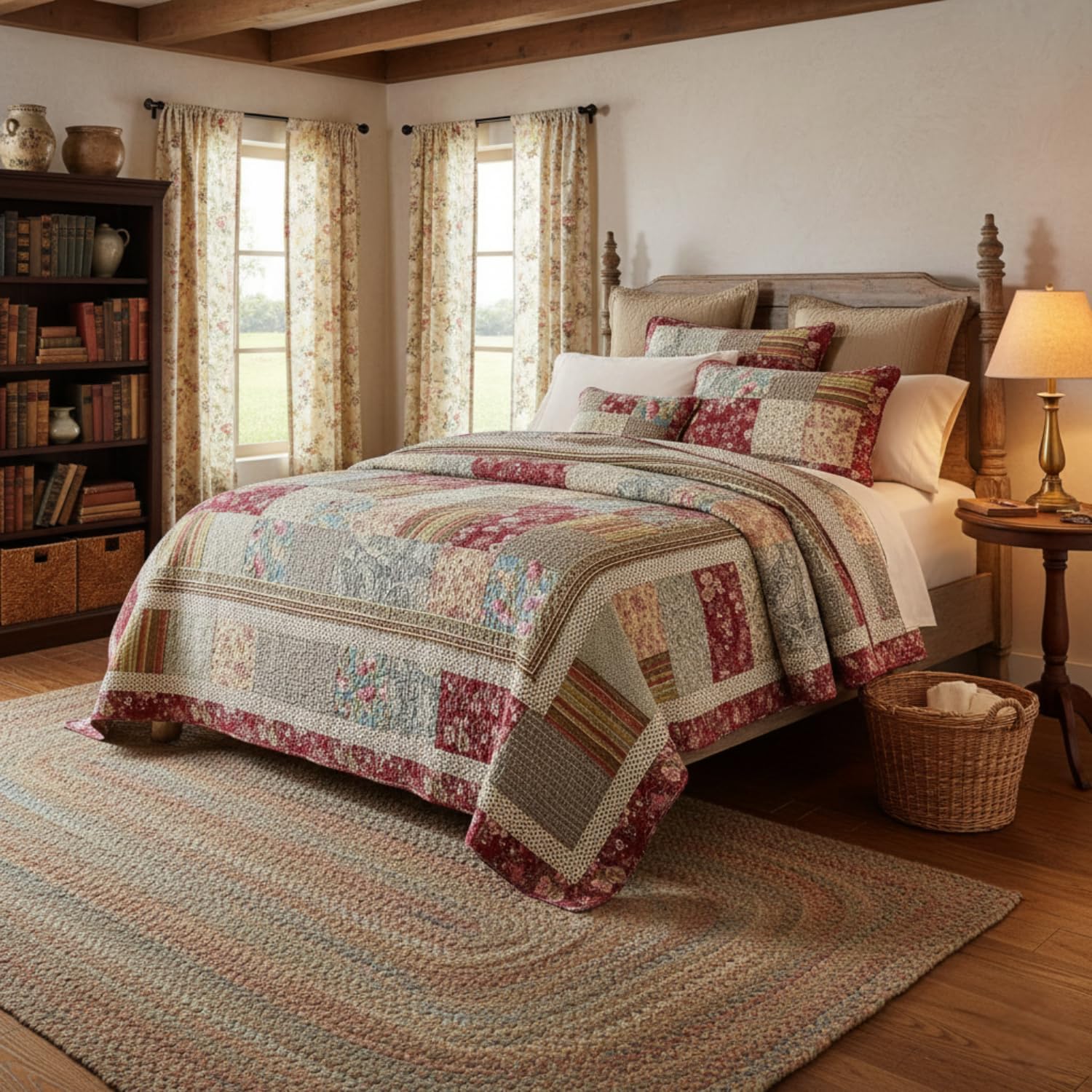 Tache Cotton Patchwork Country Farm Cottage Vintage Antique Ditsy Floral Paisley Burgundy Beige Lightweight Coverlet Fairy Tale Tea Party Quilt Set, California King