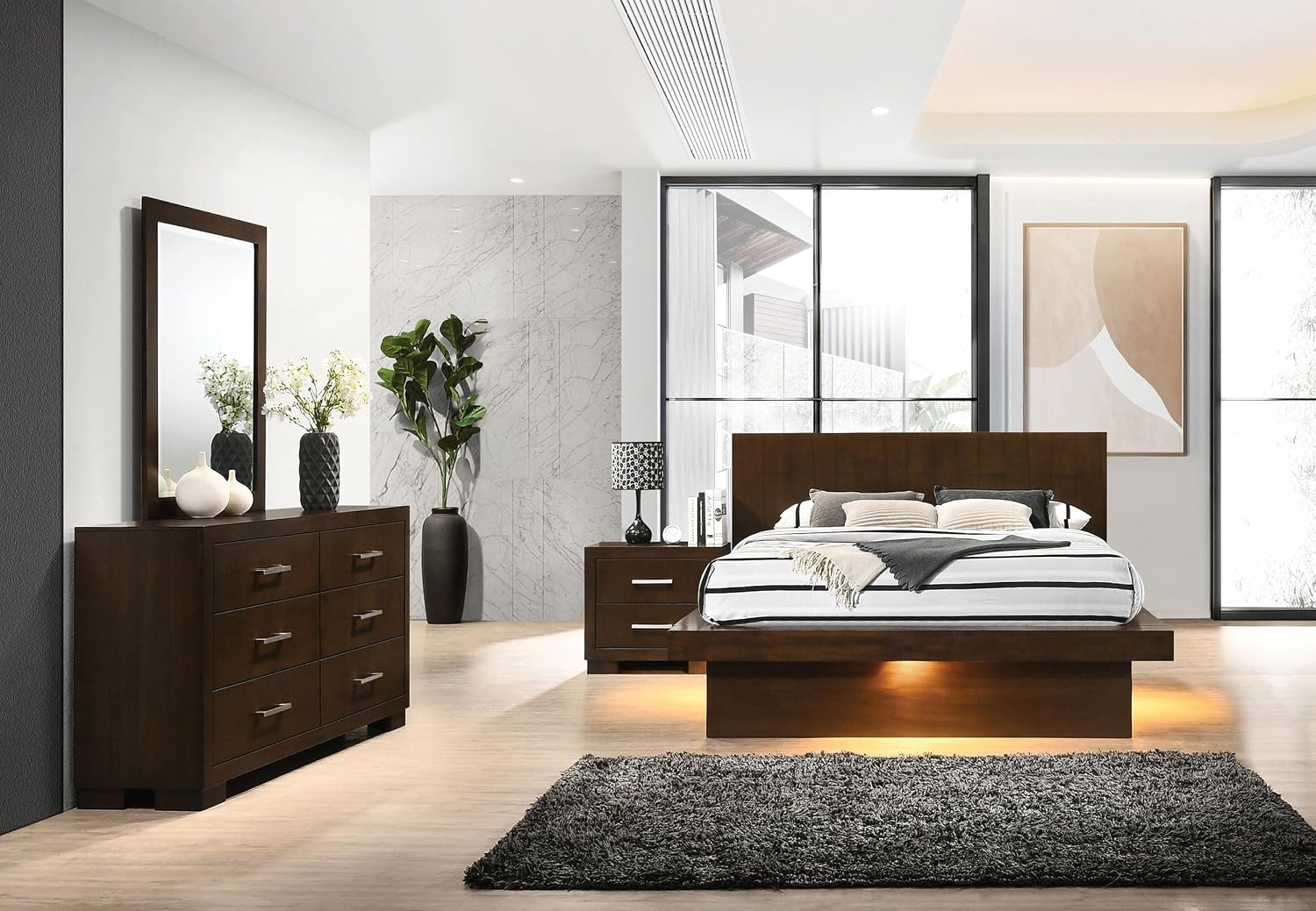 Coaster Home Furnishings Jessica Contemporary 4-Piece Bedroom Set Queen Size LED Panel Bed Frame 43-inch Headboard Cappuccino 200711Q-S4