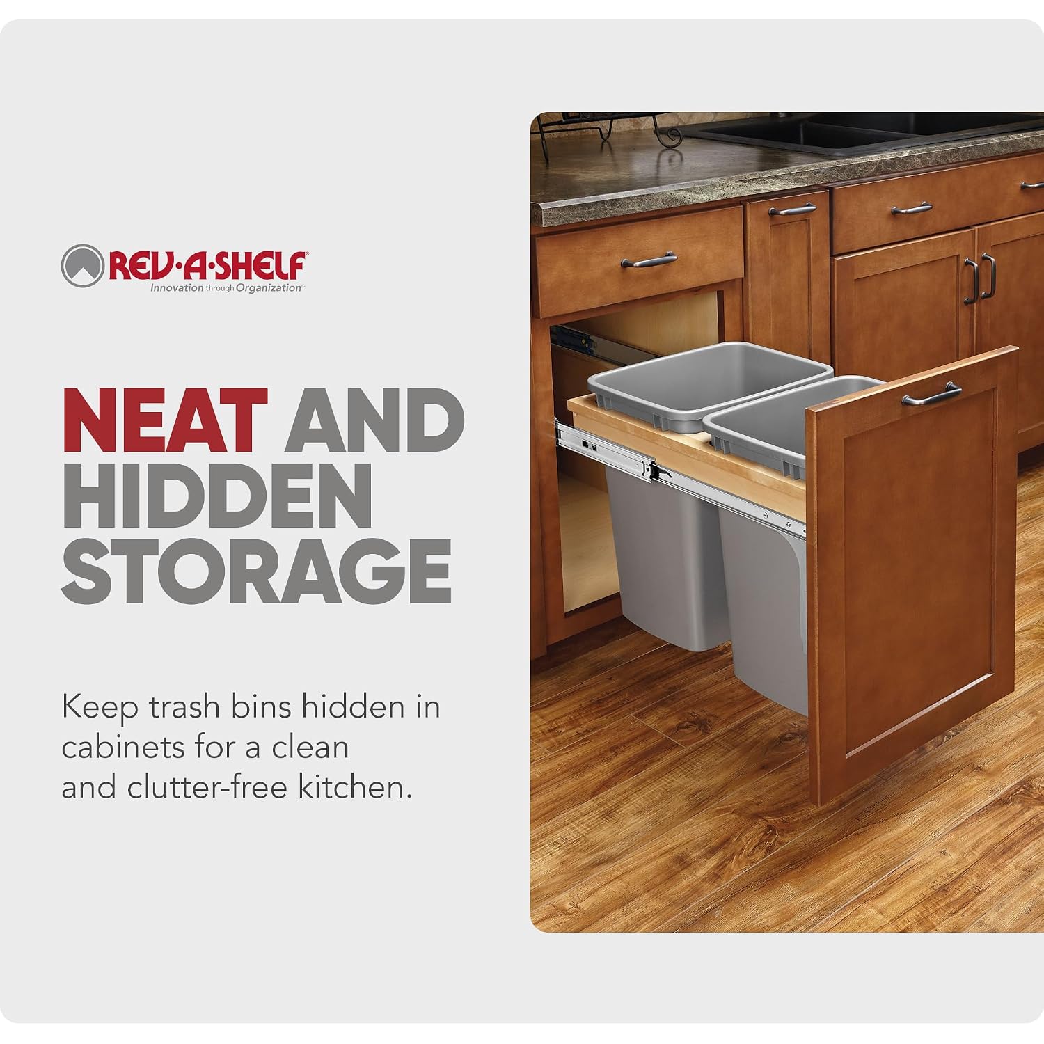 Rev-A-Shelf 27 Qt Top Mount Double Pullout Under Cabinet Kitchen Trash Cans w/Soft-Close for Base Cabinets, 150 Pound Rated Full-Extension Slides, Min Opening Width of 12', Silver, 4WCTM-15BBSCDM2