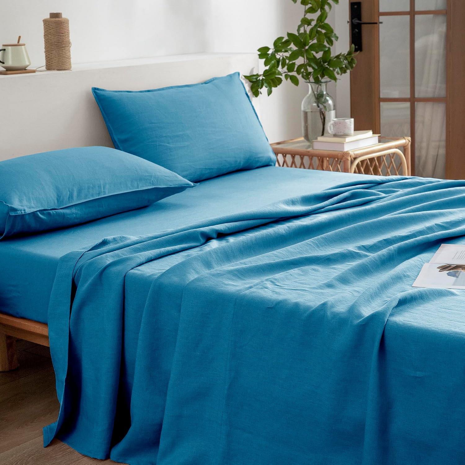 EVERLY Linen Twin Sheets Set, 100% Stonewashed French Linen Bed Sheets Deep Pocket Sheets, 3 Pieces (1 Flat Sheet, 1 Fitted Sheet, 1 Pillowcase) Natural Flax Bedding Set-Blue