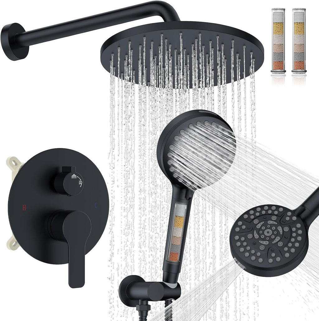 Iriber Mattle Black Round Rain Shower System Faucet Set，Filtered Shower Head with Handheld, Modern Bathroom 9 Spray Mode Showerhead with Filters,Shower Valve Trim Kit Contain Cartridge,10 Inch