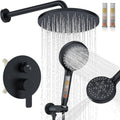 Iriber Mattle Black Round Rain Shower System Faucet Set，Filtered Shower Head with Handheld, Modern Bathroom 9 Spray Mode Showerhead with Filters,Shower Valve Trim Kit Contain Cartridge,10 Inch