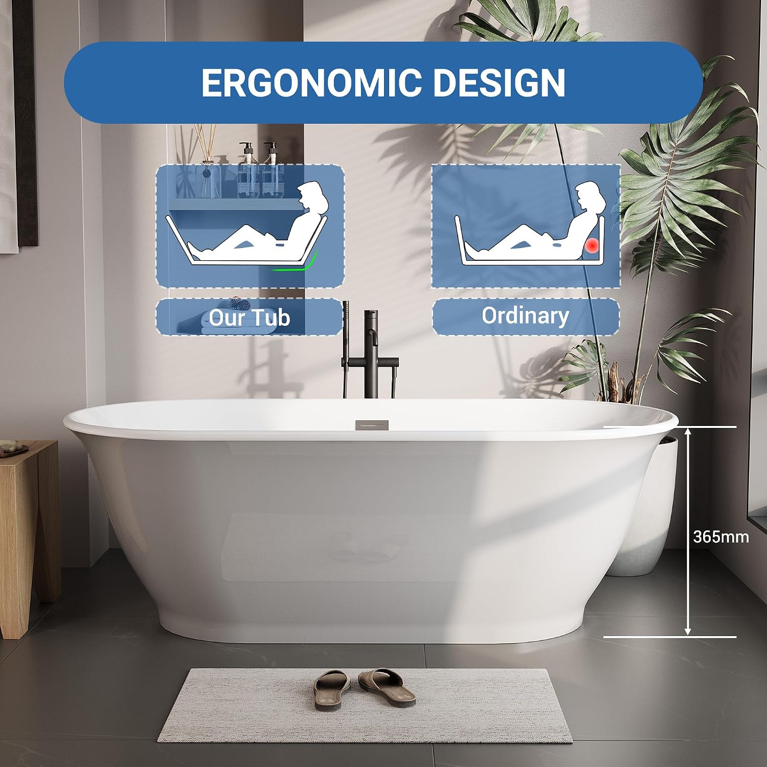 59 Inch Freestanding Bathtub Acrylic Oval Rim Soaking Tub with Chrome Pop-Up Drain, Gray Exterior White Interior Therapeutic Design for Bathroom Relaxation, Easy Install