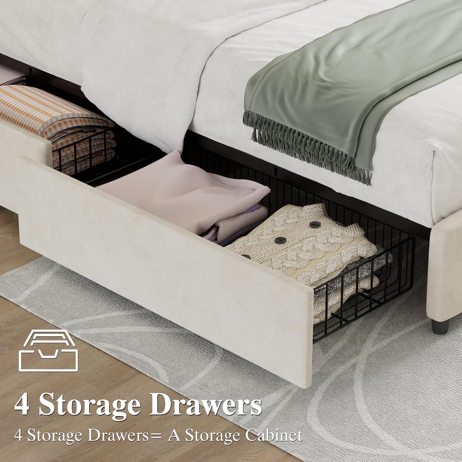 VECELO King Size Bed Frame with 4 Storage Drawers, Adjustable Height Headboard, Heavy-Duty Bedframe with Strong Wooden Slats, No Box Spring Needed, Pale Beige
