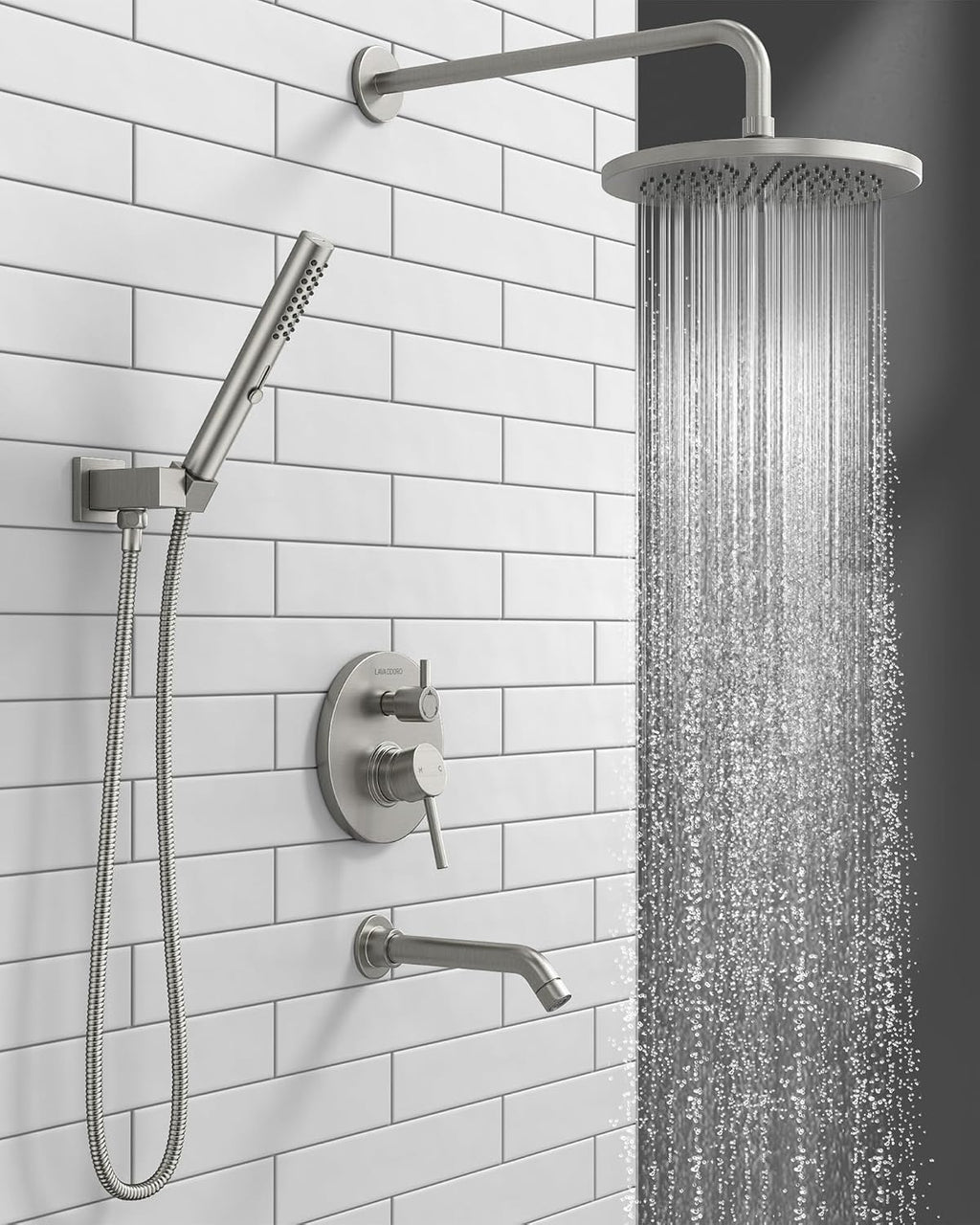 Lava Odoro Modern 3-Setting Round Rain Bathtub and Shower Faucet Set, Brushed Nickel Rainfall Shower Head and Handle Set, Rain Shower System with Tub Spout, Shower Valve Trim Kit, SF104-BN-T